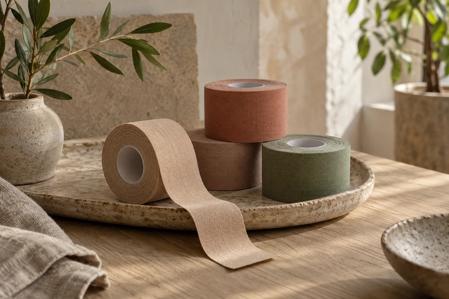 Rolls of rigid and elastic sports tape laid out on a treatment bench